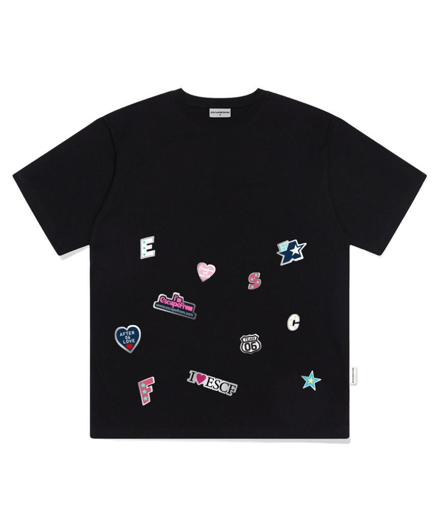 E261OTS146BK Escapefrom Symbol Collage Patch Print Oversized T-Shirt Black