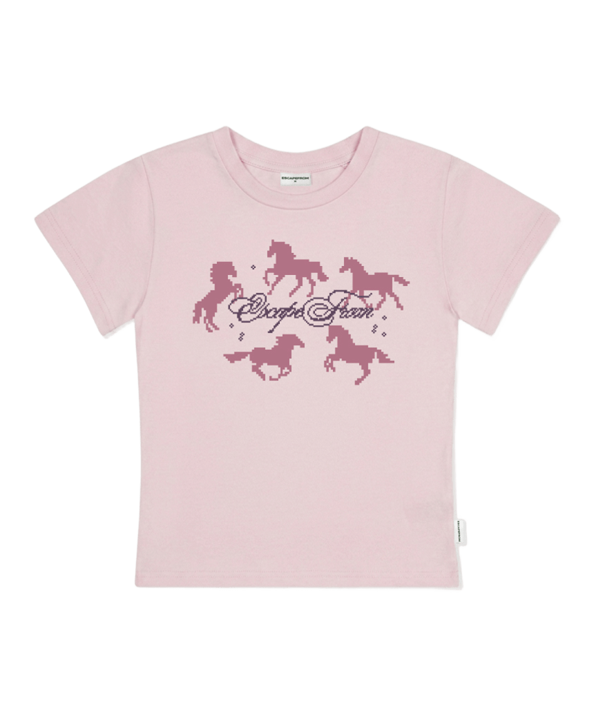 E261STS117PN Escapefrom Around Horse Print Slim Fit T-Shirt Pink