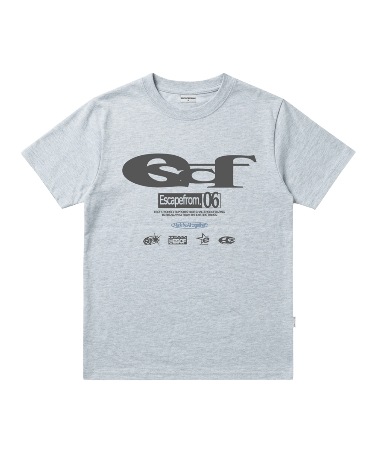E261NTS011MB Escapefrom ESCF Logo Collage Print Standard Fit T-Shirt Melange Blue