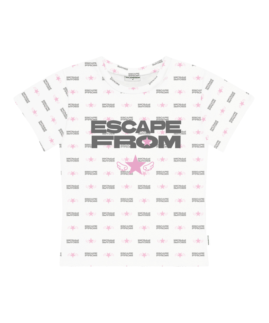 E261STS062RR Escapefrom Angel Star Typo Logo Play All-Over Print Slim Fit T-Shirt Light Pink
