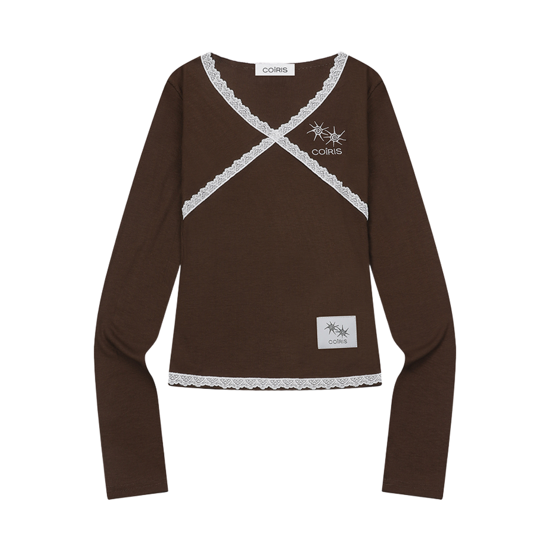 C-P00000GH Coiris Rase Lace Cross V-Neck Long Sleeve T Brown