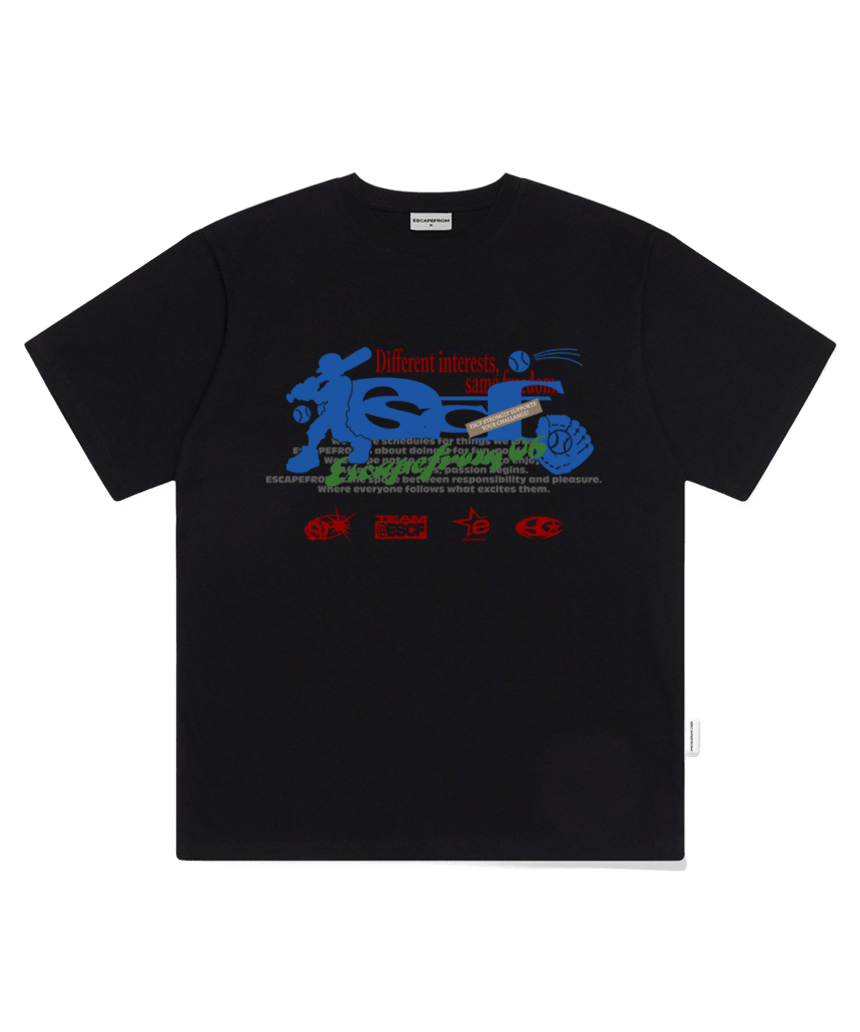 E261OTS060BK Escapefrom Baseball Player ESCF Logo Collage Print Oversized T-Shirt Black
