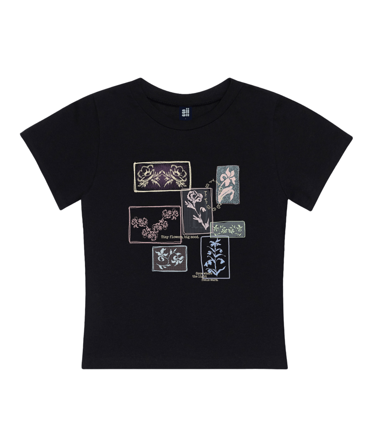P261STS032BK pagesiisii Flower Collage Print Slim Fit T-Shirt Black