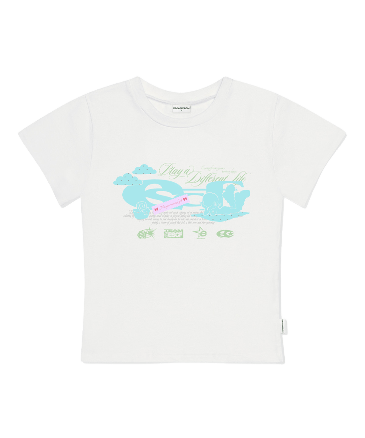 E261STS085IV Escapefrom Picnic Girl ESCF Logo Collage Print Slim Fit T-Shirt Ivory