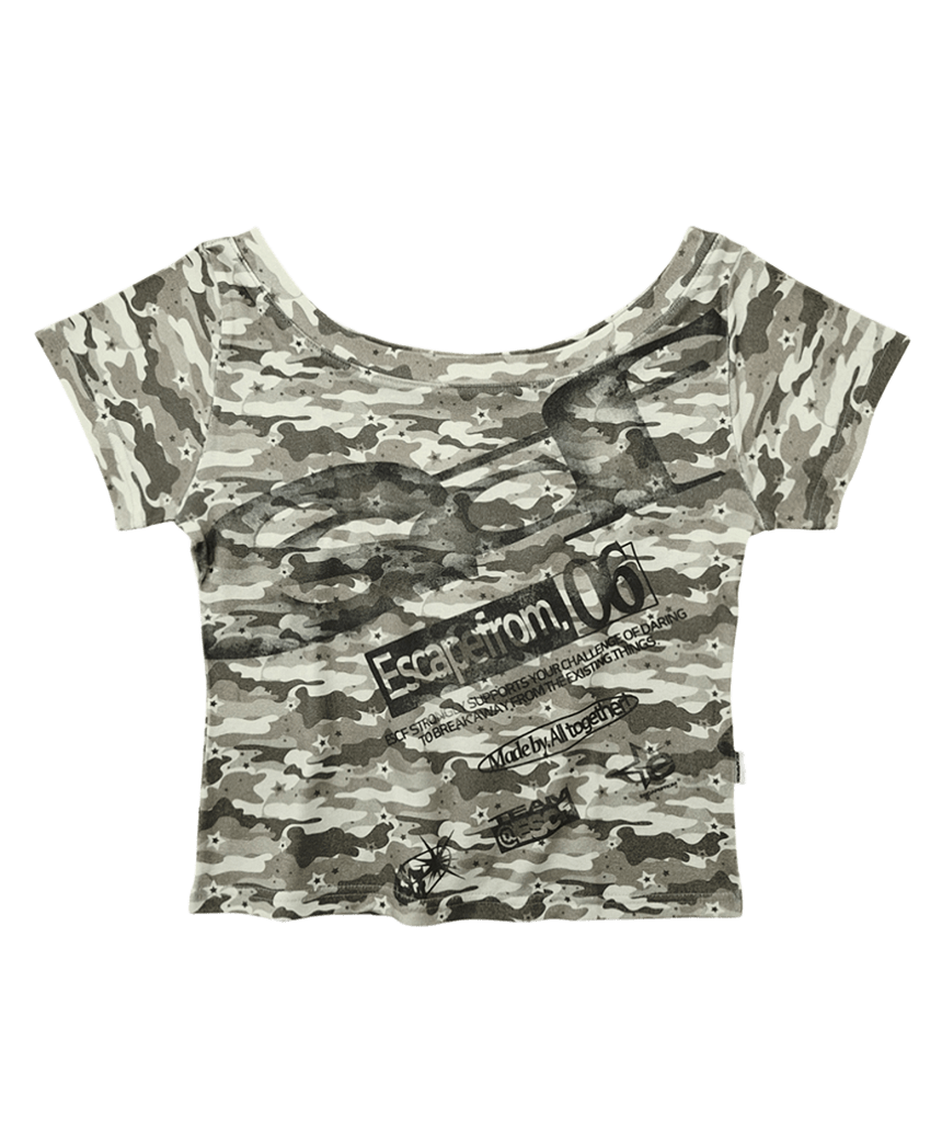 E261OST001RR Escapefrom Star Camo Tilted ESCF Logo Collage All-Over Print One-Shoulder T-Shirt Brown