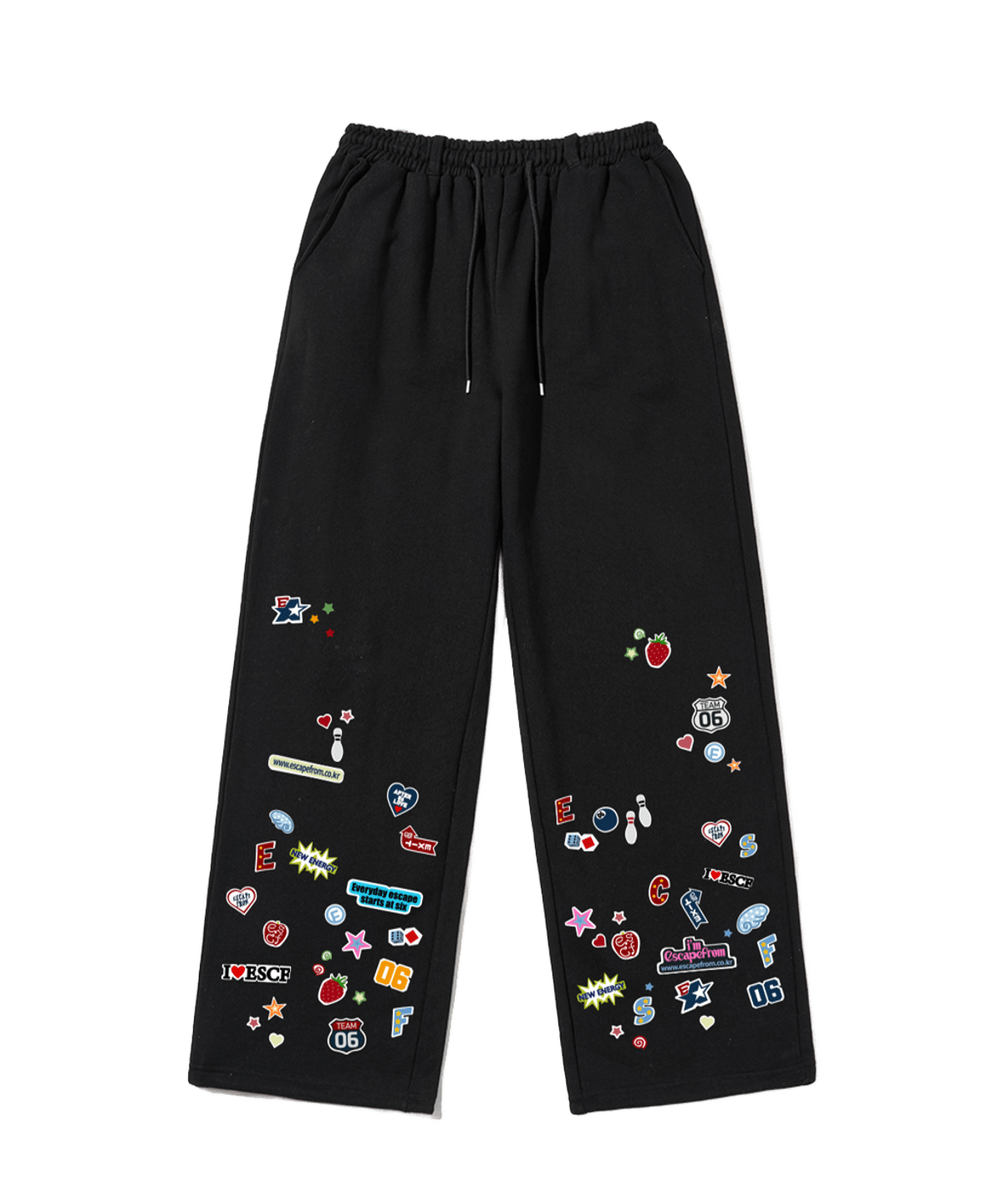 E261SP012BK Escapefrom Symbol Collage Patch Print Sweatpants Black