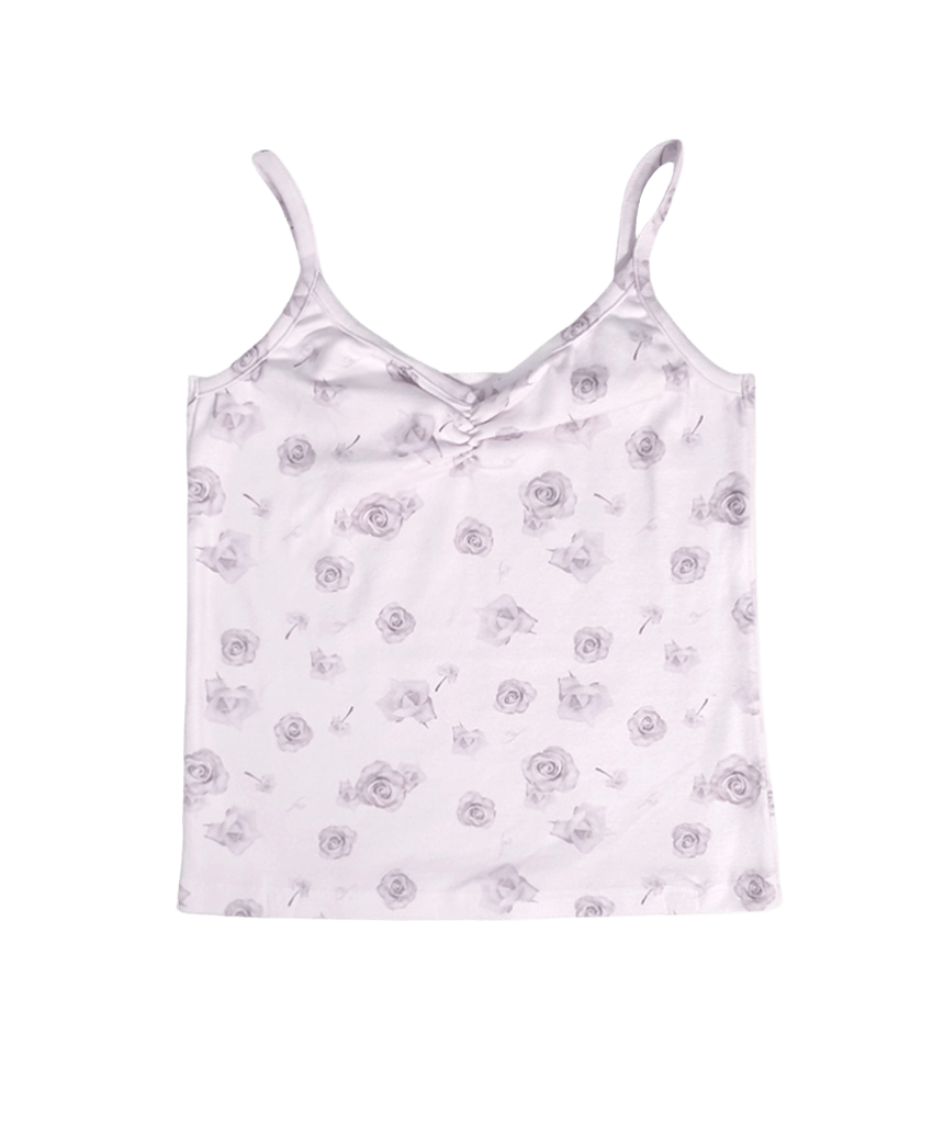 E261SL019RR Escapefrom Big Rose Bouquet All-Over Print Shirring Point Contrast Sleeveless Top Light Purple