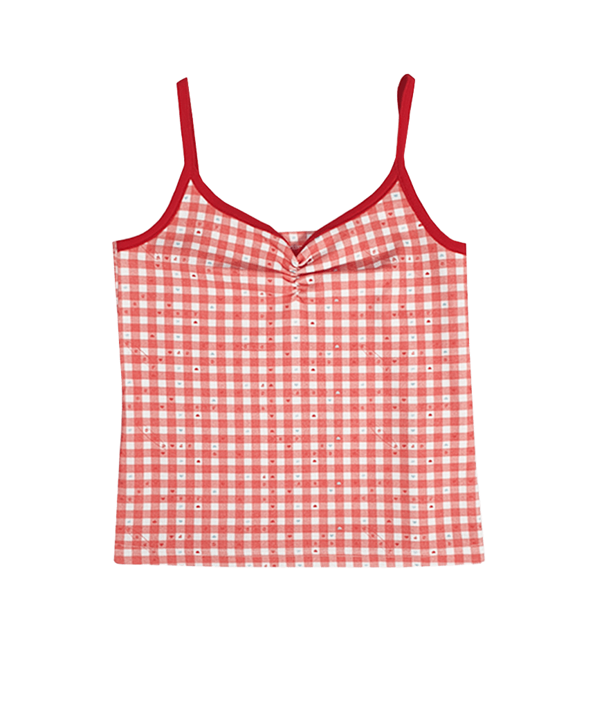 E261SL014RR Escapefrom Love Check Pattern All-Over Print Shirring Point Contrast Sleeveless Top Red