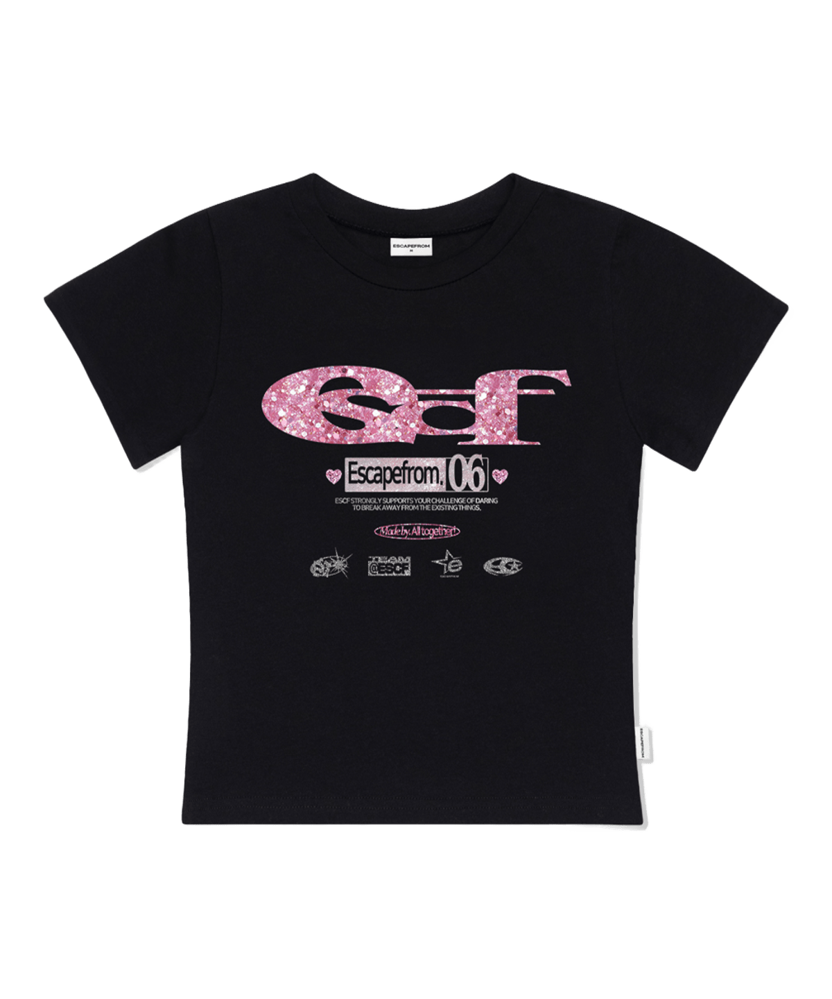 이스케이프프롬 글리터 ESCF 로고콜라주 프린트 슬림핏 반팔티 블랙(Escapefrom Glitter ESCF Logo Collage Print Slim Fit T-Shirt Black)