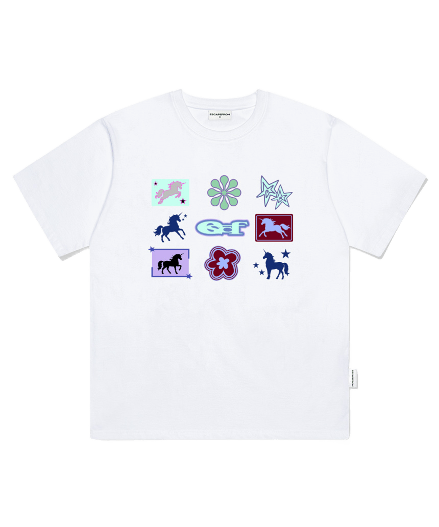 E261OTS170WH Escapefrom Unicorn Bingo Print Oversized T-Shirt White