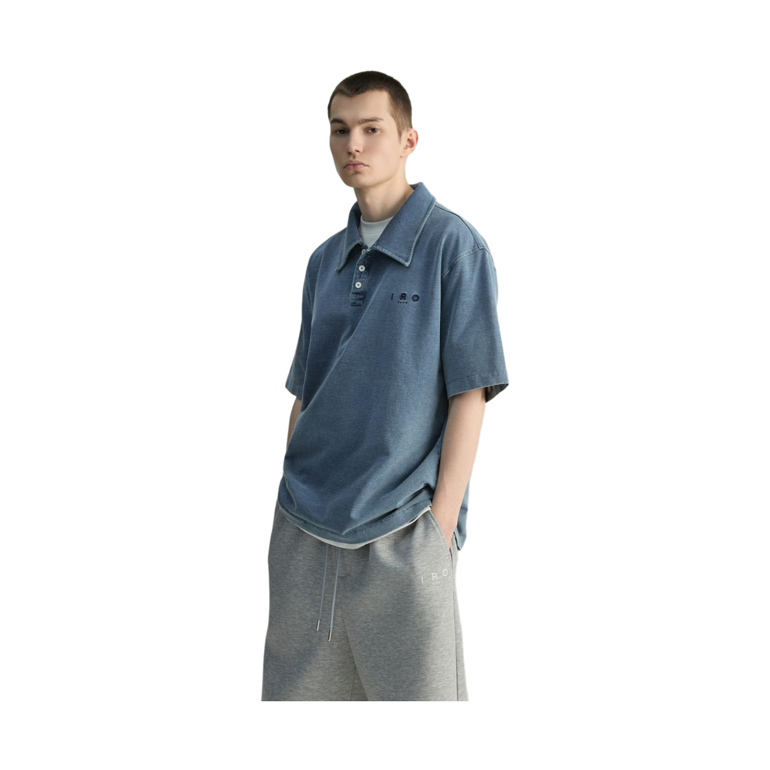 이로 자레스 데님 질감 버튼 카라 반소매 티셔츠 블루(Iro Jareth Denim Texture Button-Collar Short-Sleeve T-Shirt Blue) - 4