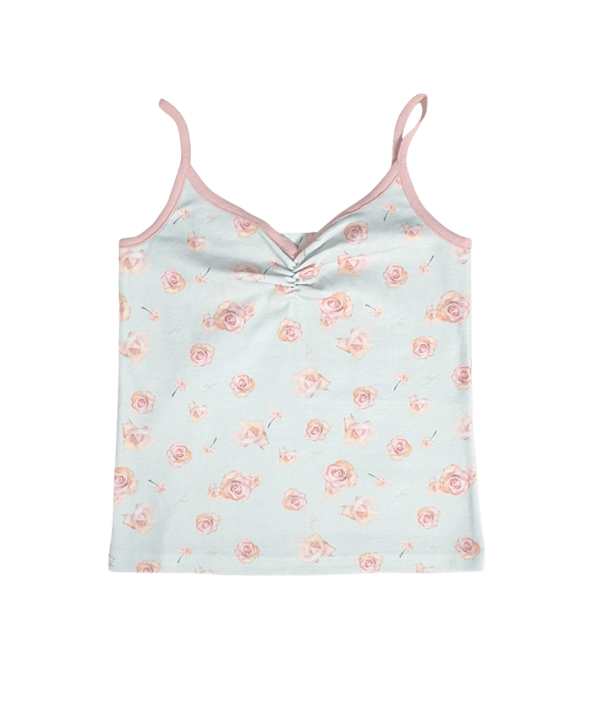 E261SL018RR Escapefrom Big Rose Bouquet All-Over Print Shirring Point Contrast Sleeveless Top Mint