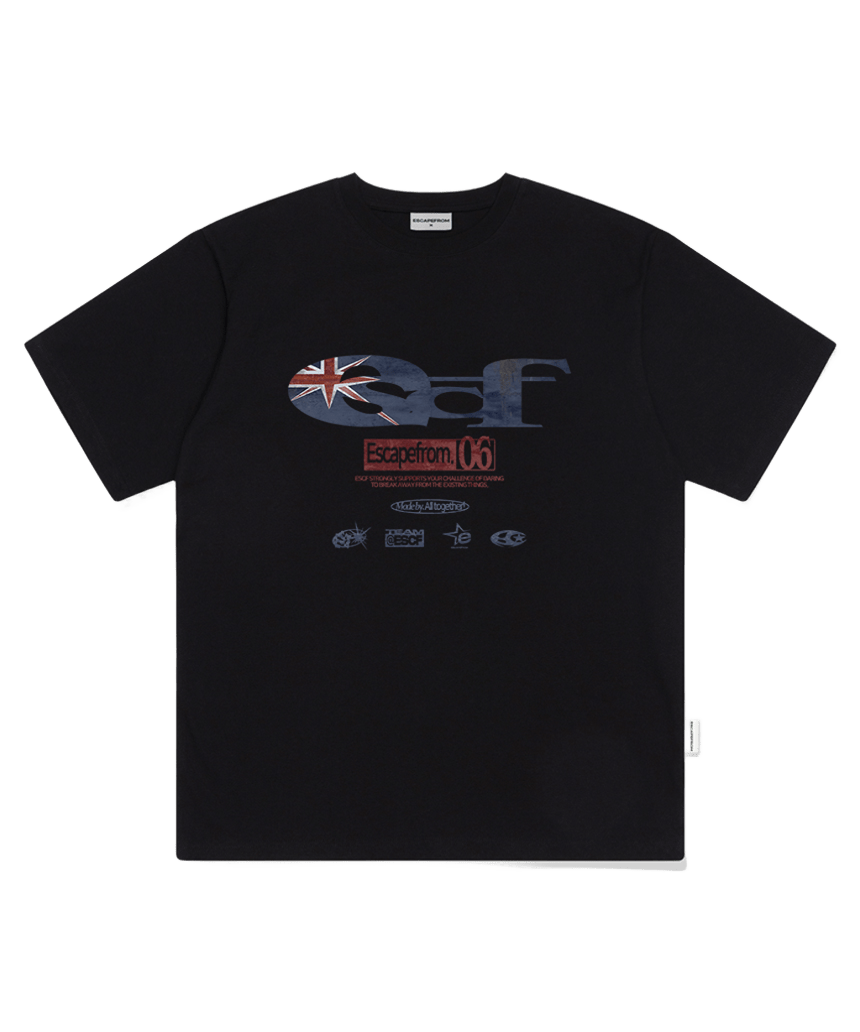 E251OTS229BK Escapefrom British Vintage ESCF Logo Collage Print Oversized T-Shirt Black