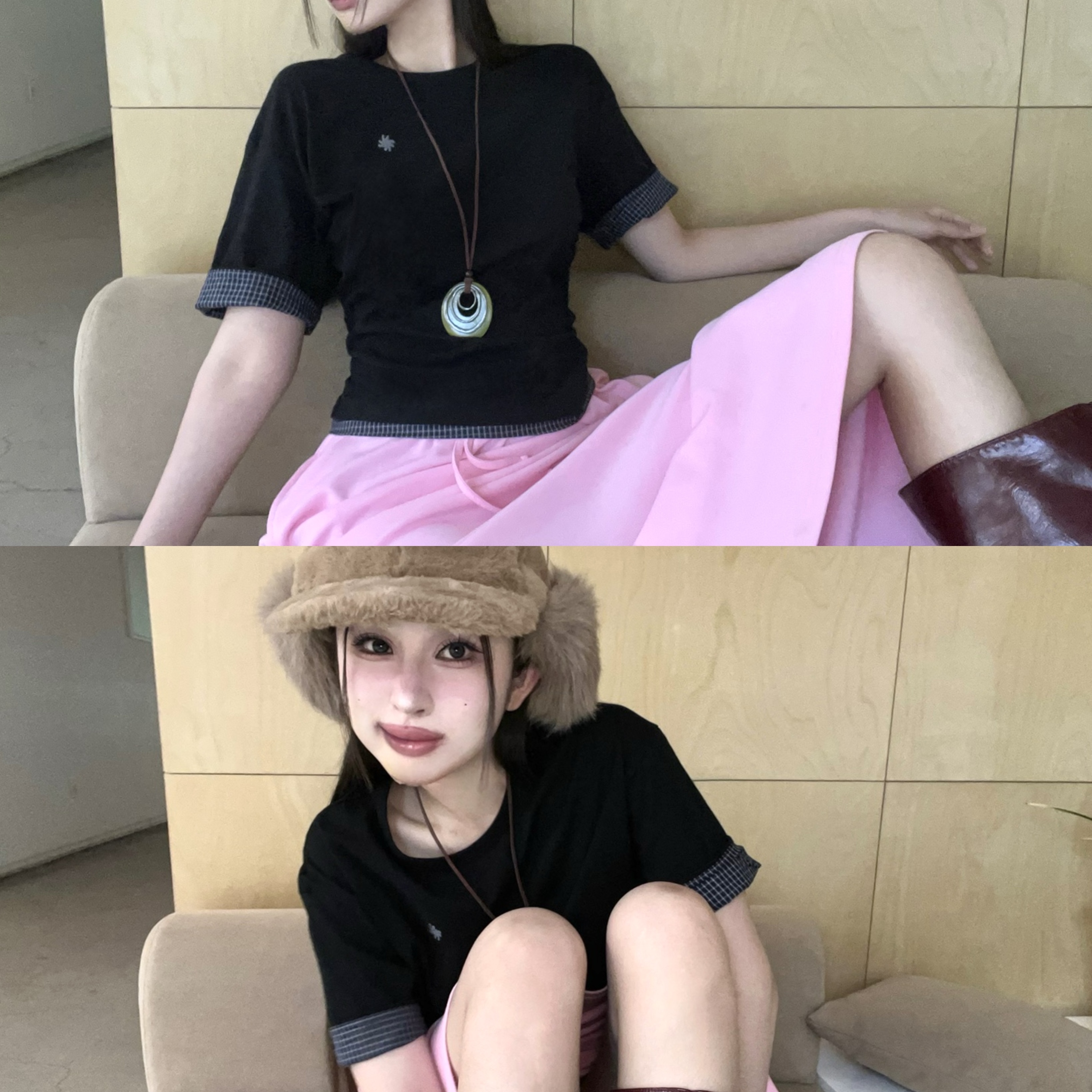 SLOW RECORD HOUSE Layered Check Roll-Up T-Shirt Black 착용 스타일 - 2