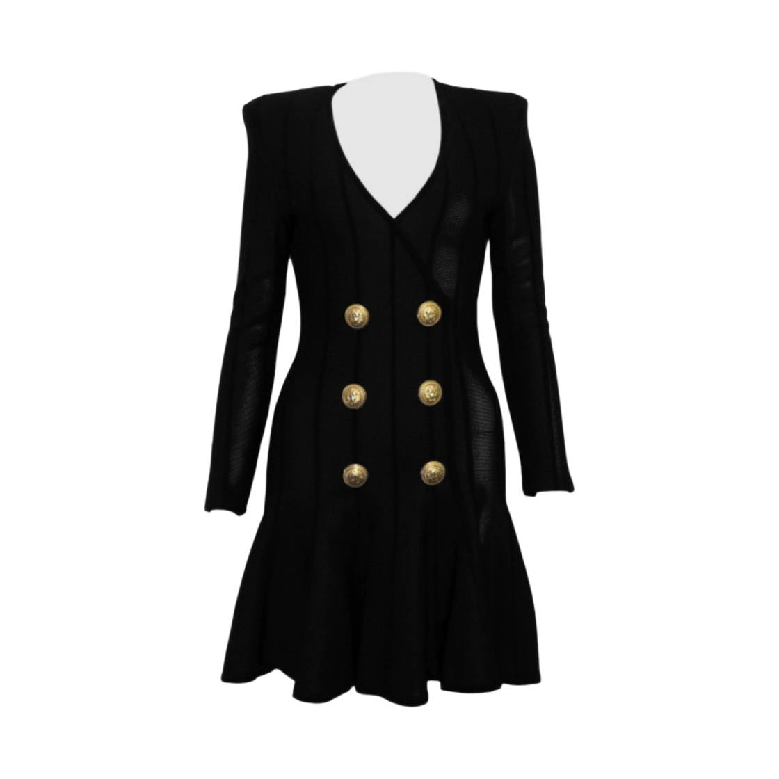 ITRK4SCCEE83 Balmain Black Mixed Fabric Long Sleeve Gold Button Striped Dress