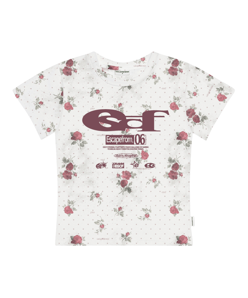 E261STS052RR Escapefrom ESCF Logo Collage Dusty Flower All-Over Print Slim Fit T-Shirt Ivory