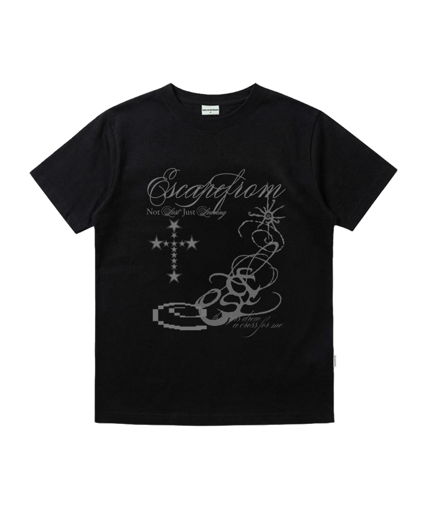 E261NTS017BK Escapefrom Star Cross Print Standard Fit T-Shirt Black