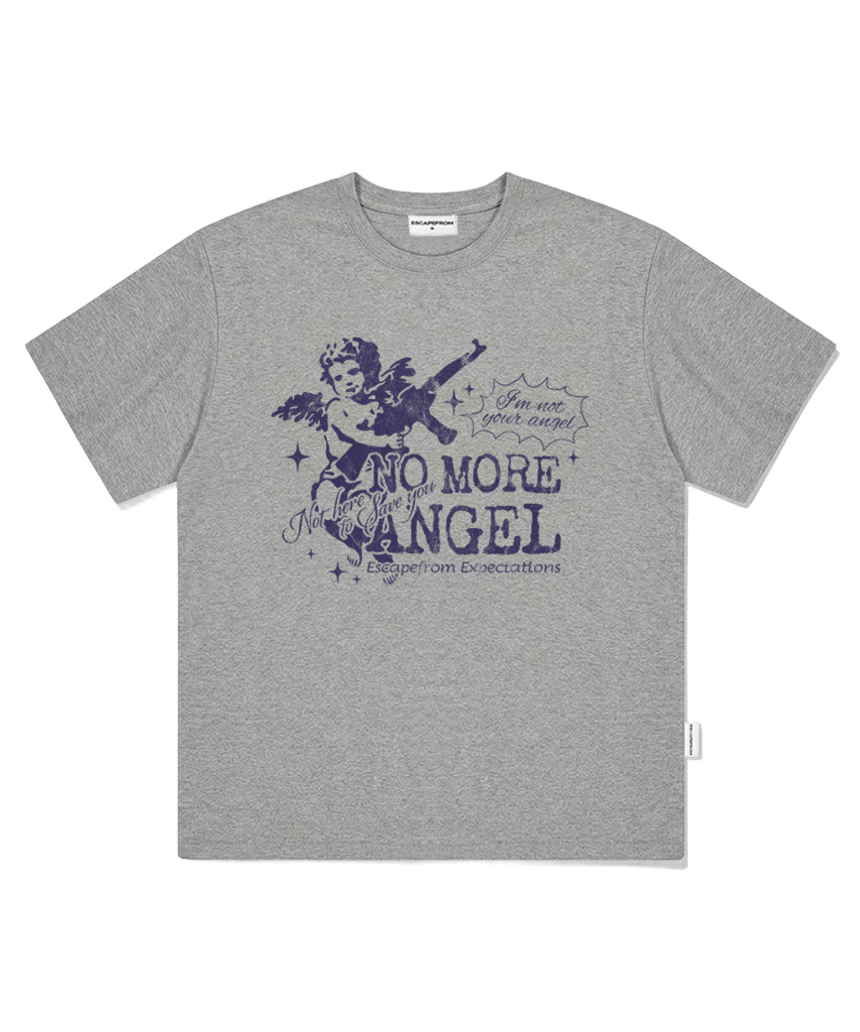 E261OTS117GR Escapefrom No More Angel Print Oversized T-Shirt Gray