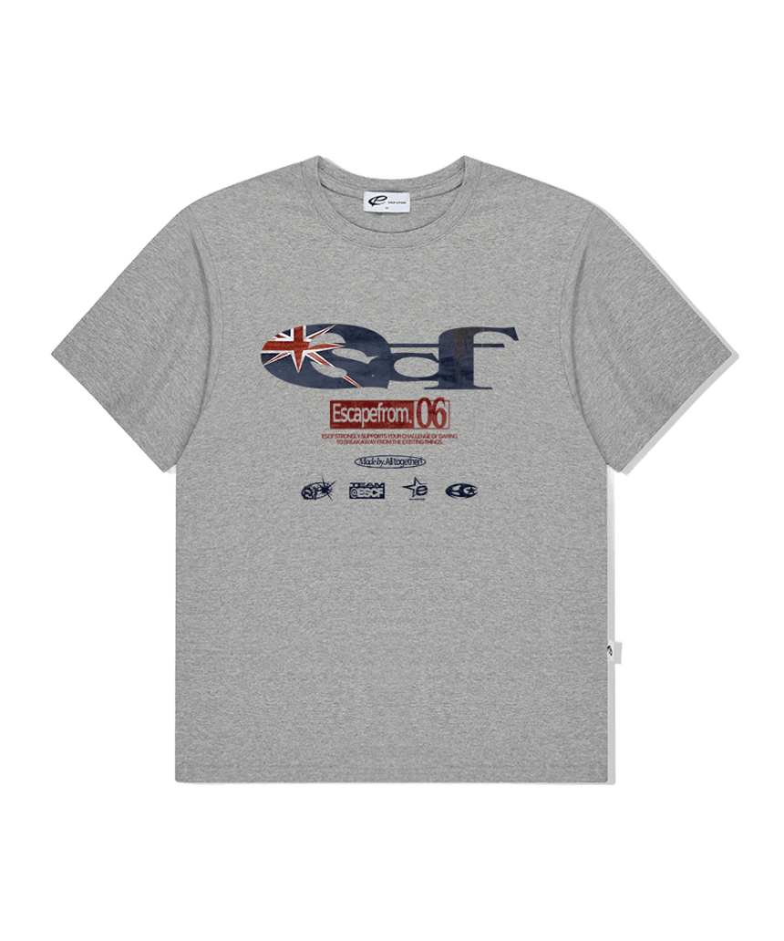 E251OTS230GR Escapefrom British Vintage ESCF Logo Collage Print Oversized T-Shirt Gray