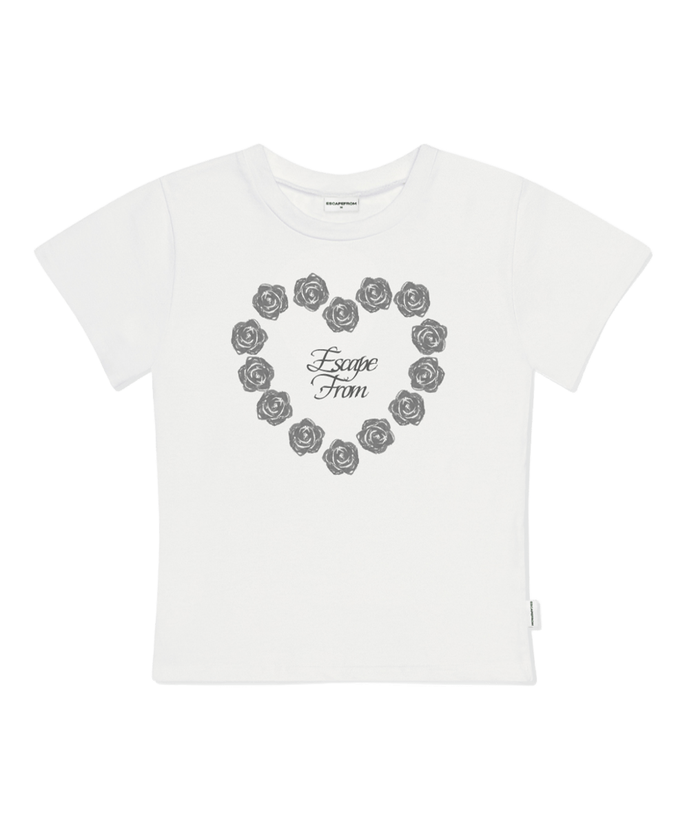 E261STS100IV Escapefrom Rose Heart Print Slim Fit T-Shirt Ivory