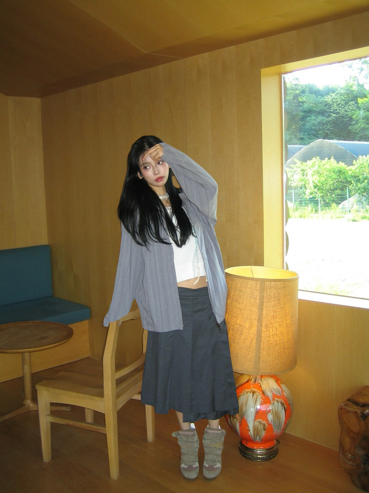 Polyteru Women Pleated Wrap Skirt Charcoal, [더블적립] Polyteru Women Peek Pocket Tee Light Gray 착용 스타일 - 9
