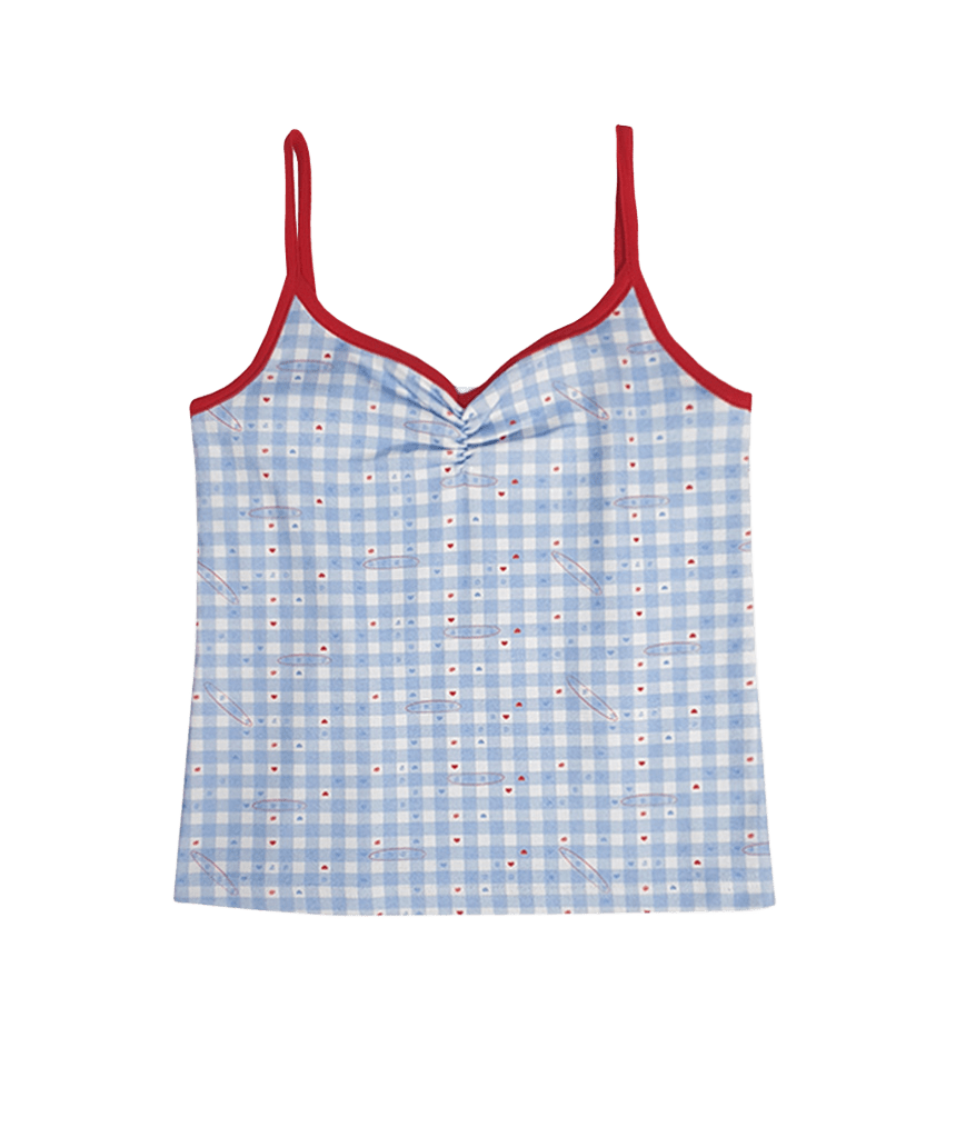 E261SL013RR Escapefrom Love Check Pattern All-Over Print Shirring Point Contrast Sleeveless Top Blue