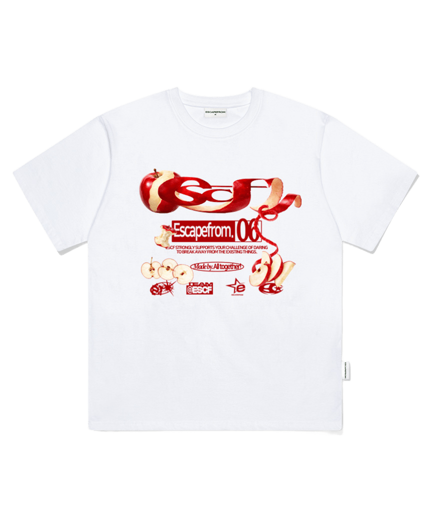 E261OTS077WH Escapefrom Red Apple ESCF Logo Collage Print Oversized T-Shirt White