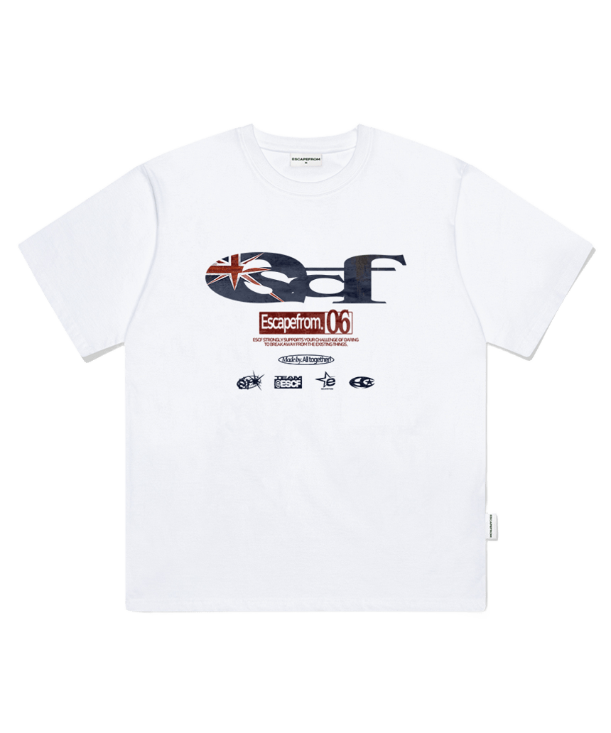 E251OTS228WH Escapefrom British Vintage ESCF Logo Collage Print Oversized T-Shirt White