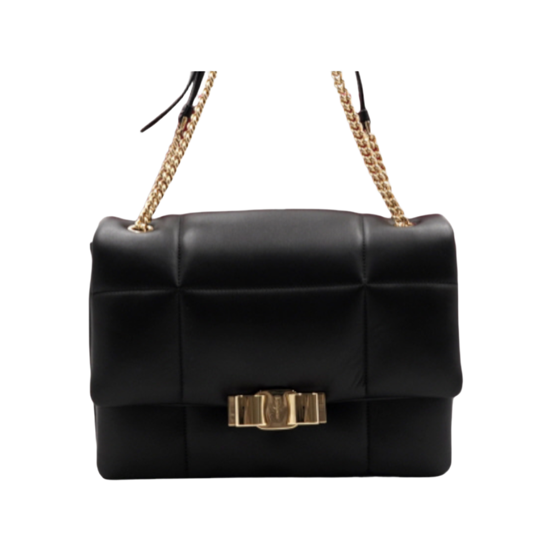 ITSI5VRWEAQD Ferragamo H341 Black Lambskin Quilted Flap Shoulder Bag with Gold Chain