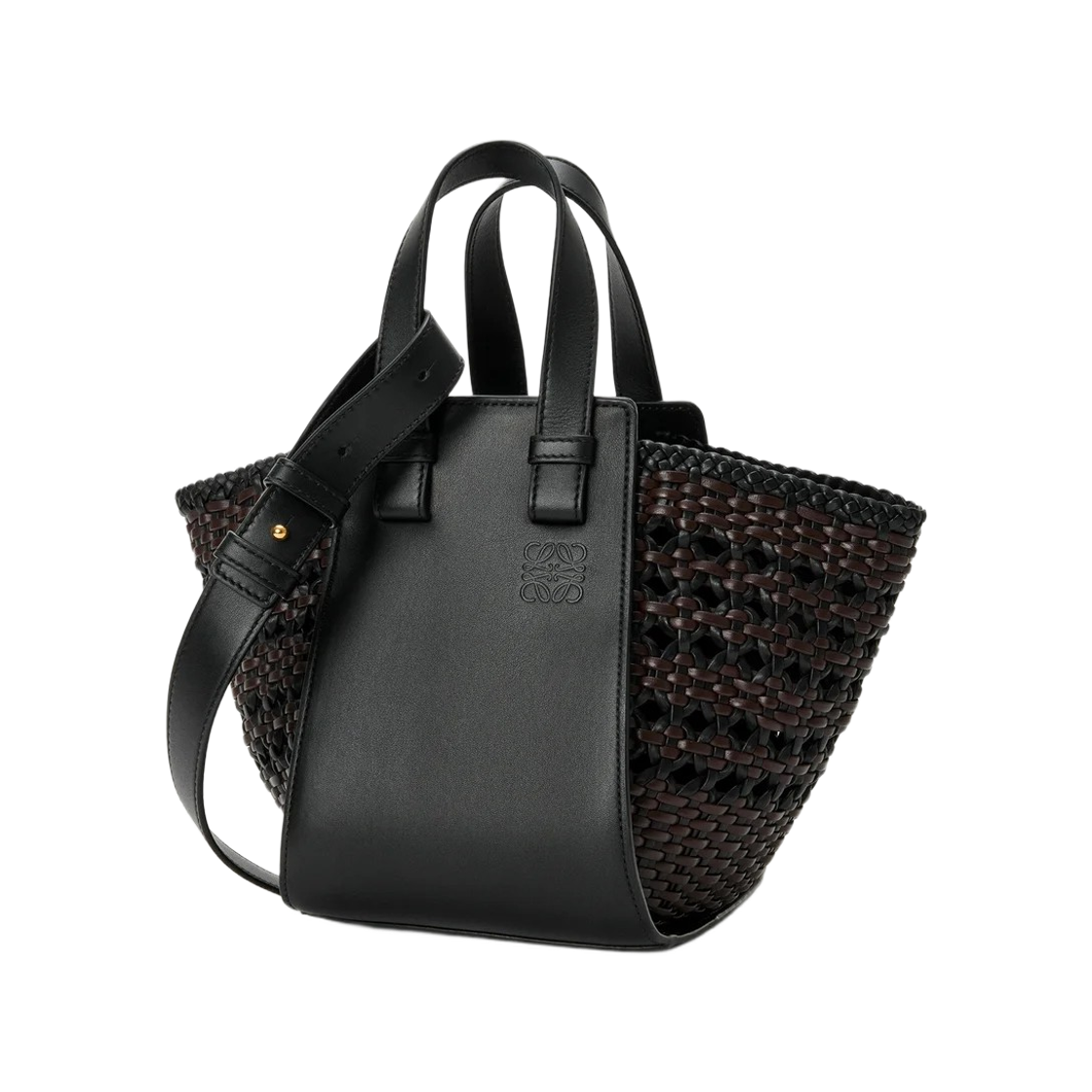 로에베 스무스 카프스킨 우븐 나파 카프스킨 컴팩트 해먹백 블랙 브라운(Loewe Compact Hammock Bag in Smooth Calfskin and Woven Nappa Calfskin Black Brown)