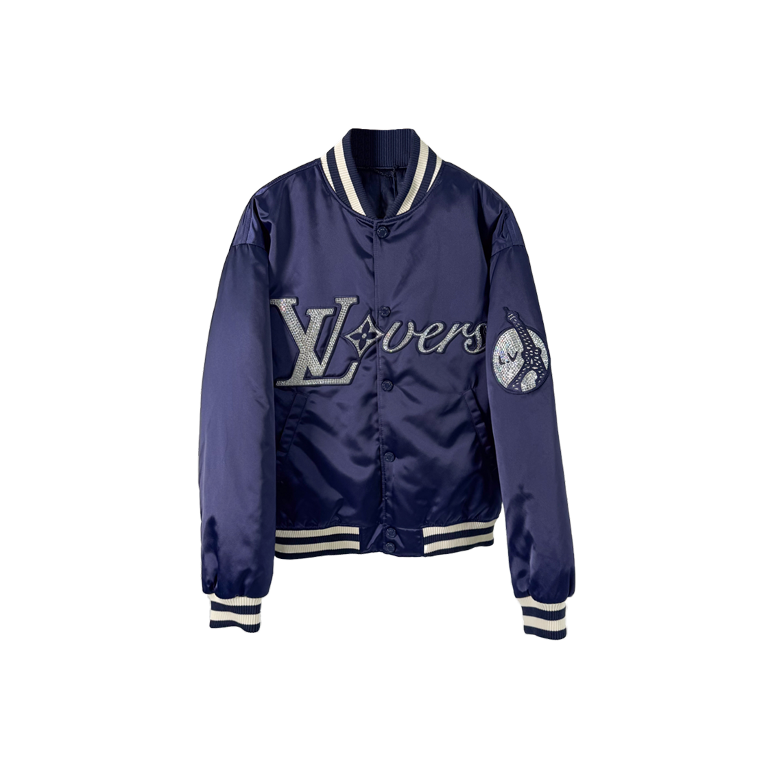 ITKBSOHDK72R Louis Vuitton Pharrell Crystal Logo Varsity Jacket Navy