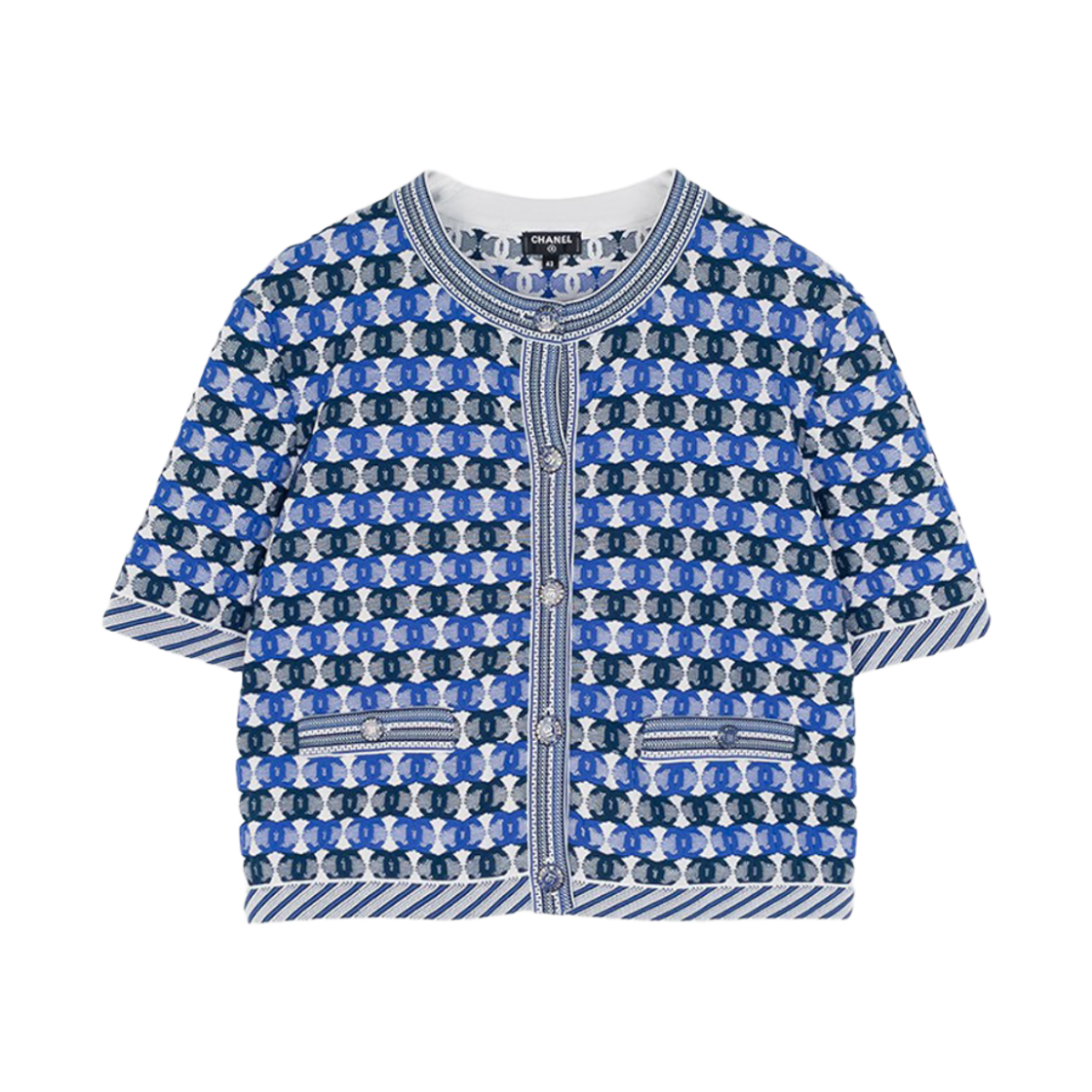 ITUR6TUCF2N7 Chanel Multi CC Pattern Short Sleeve Cardigan 42 Blue White