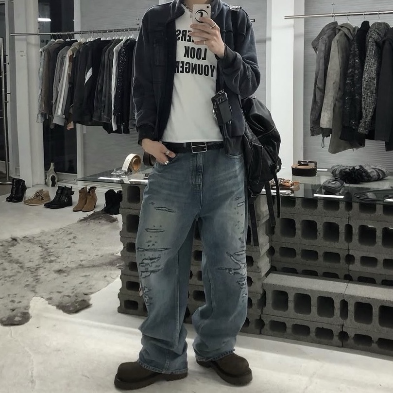Epr. Layer Double Strap Belt, Epr. Layer Repaired Wide Leg Denim 착용 스타일 - 4