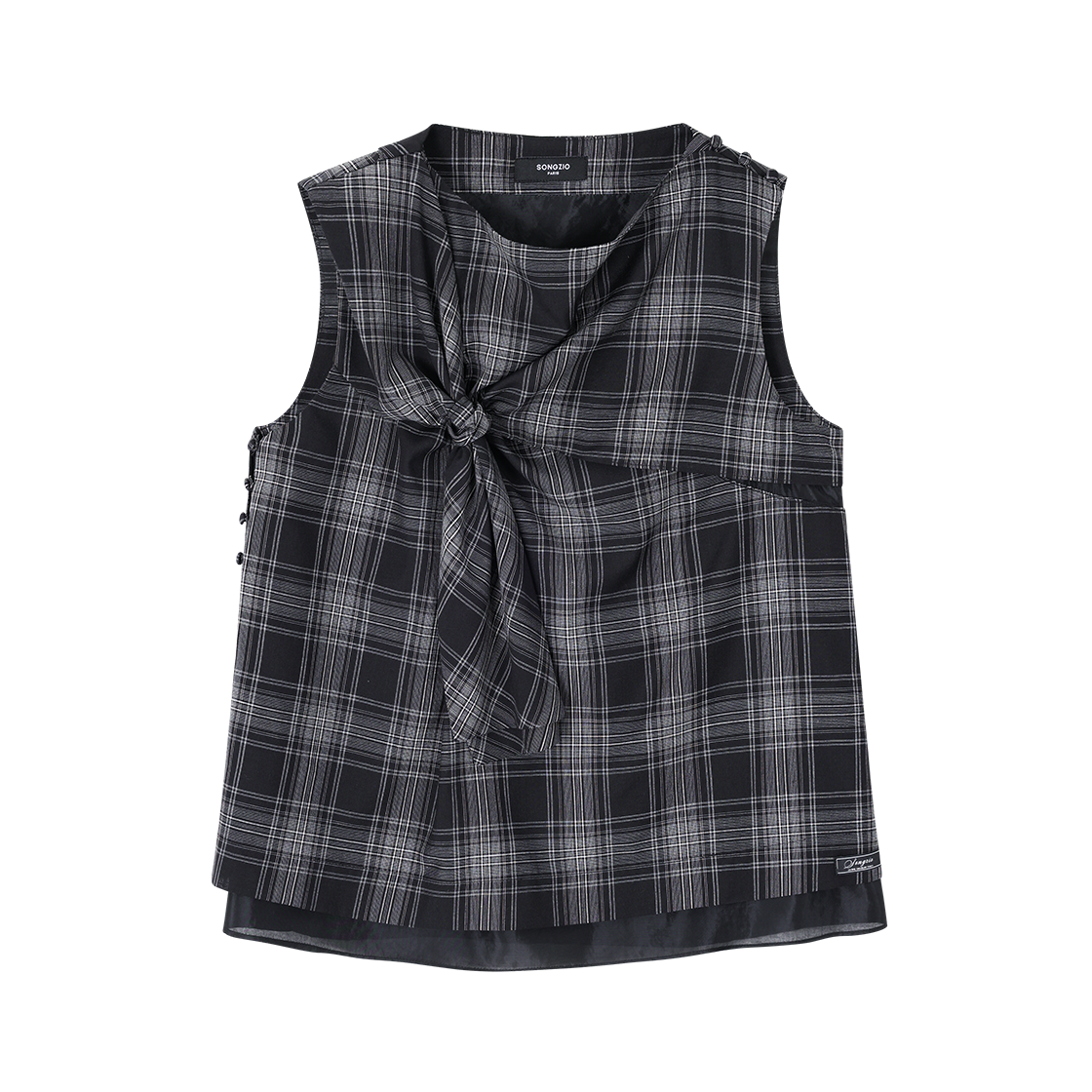 (W) 송지오 노트 체크 블라우스 블랙((W) SONGZIO Knot Check Blouse Black)