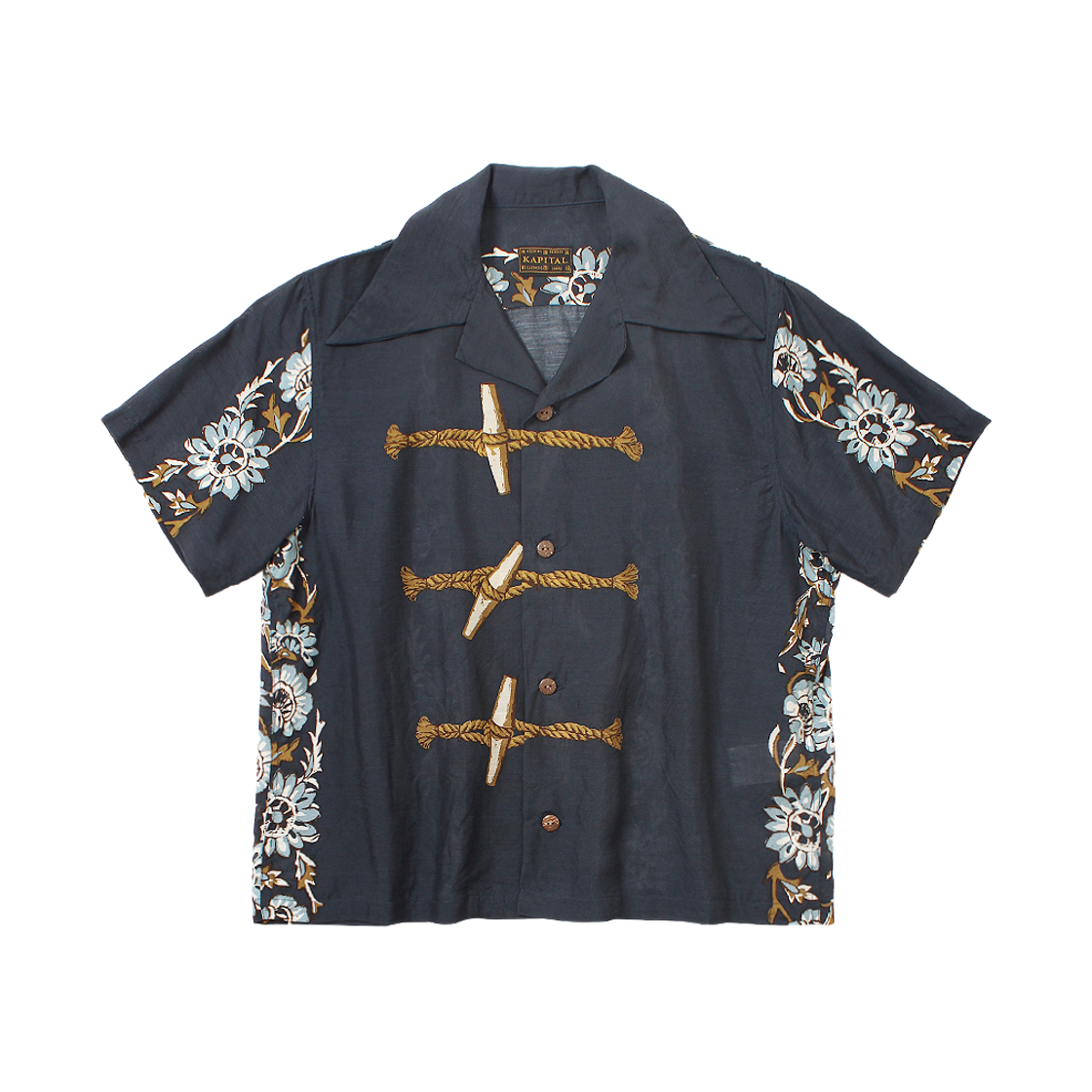 K2604SS089 (W) Kapital Silk Rayon Toggle-Maile Print Short-Sleeved Open-Collar Shirt Navy