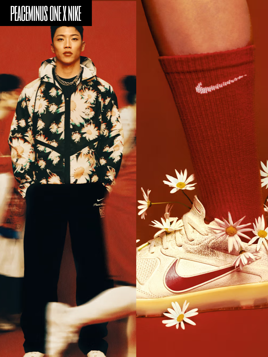 Nike x Peaceminusone Cryoshot CTR360 Natural and University Red, Nike x Peaceminusone Korea Anthem Jacket Black (IH1622-010) (Non Marking Ver.) 착용 스타일 - 3