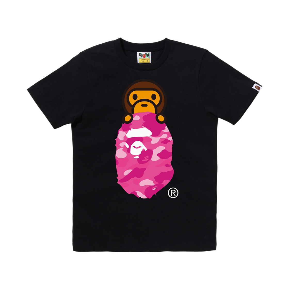 (W) 베이프 컬러 카모 마일로 온 에이프 헤드 티셔츠 블랙 핑크((W) BAPE Color Camo Milo On Ape Head T-Shirt Black Pink) - 1