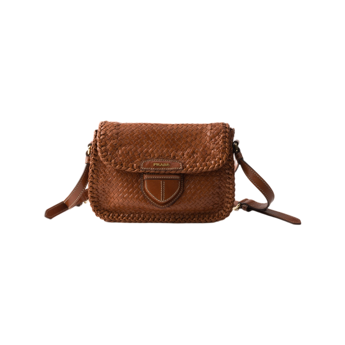 1BD781-2AII-F0046 Prada Woven Leather Mini Shoulder Bag Cognac