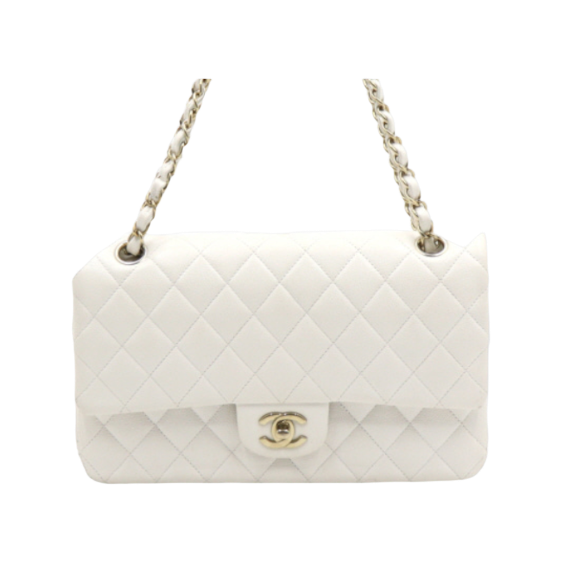 ITSP44AQA3DQ Chanel White Caviar Classic Medium Silver Chain Shoulder Bag