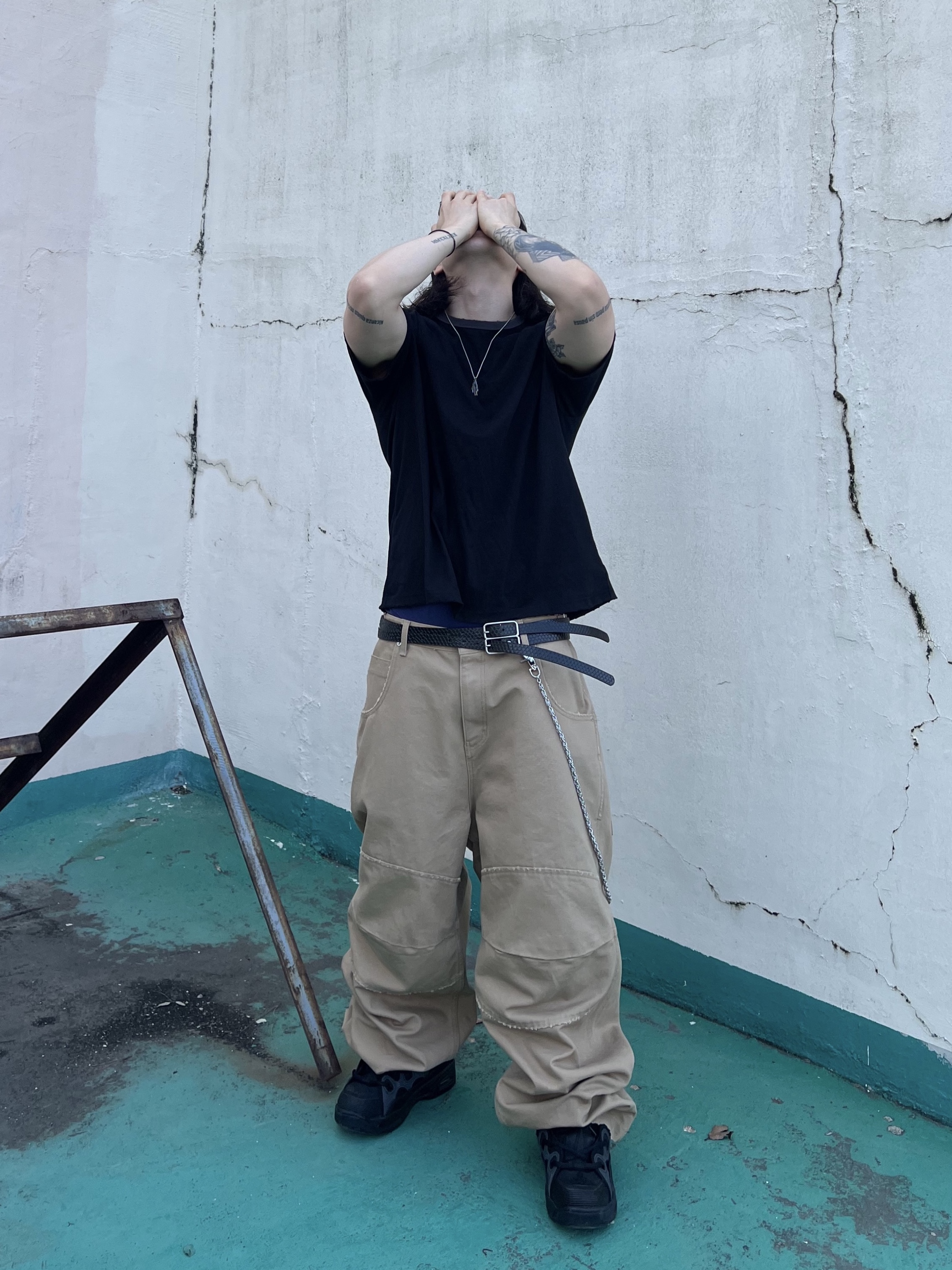 MJD Canvas 3D Knee Pants Beige, Epr. Layer Double Strap Belt 착용 스타일 - 7
