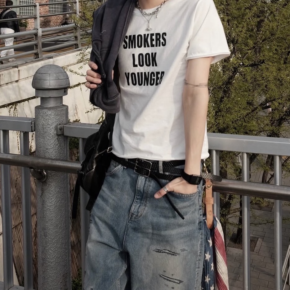 Epr. Layer Double Strap Belt, Epr. Layer Repaired Wide Leg Denim 착용 스타일 - 1