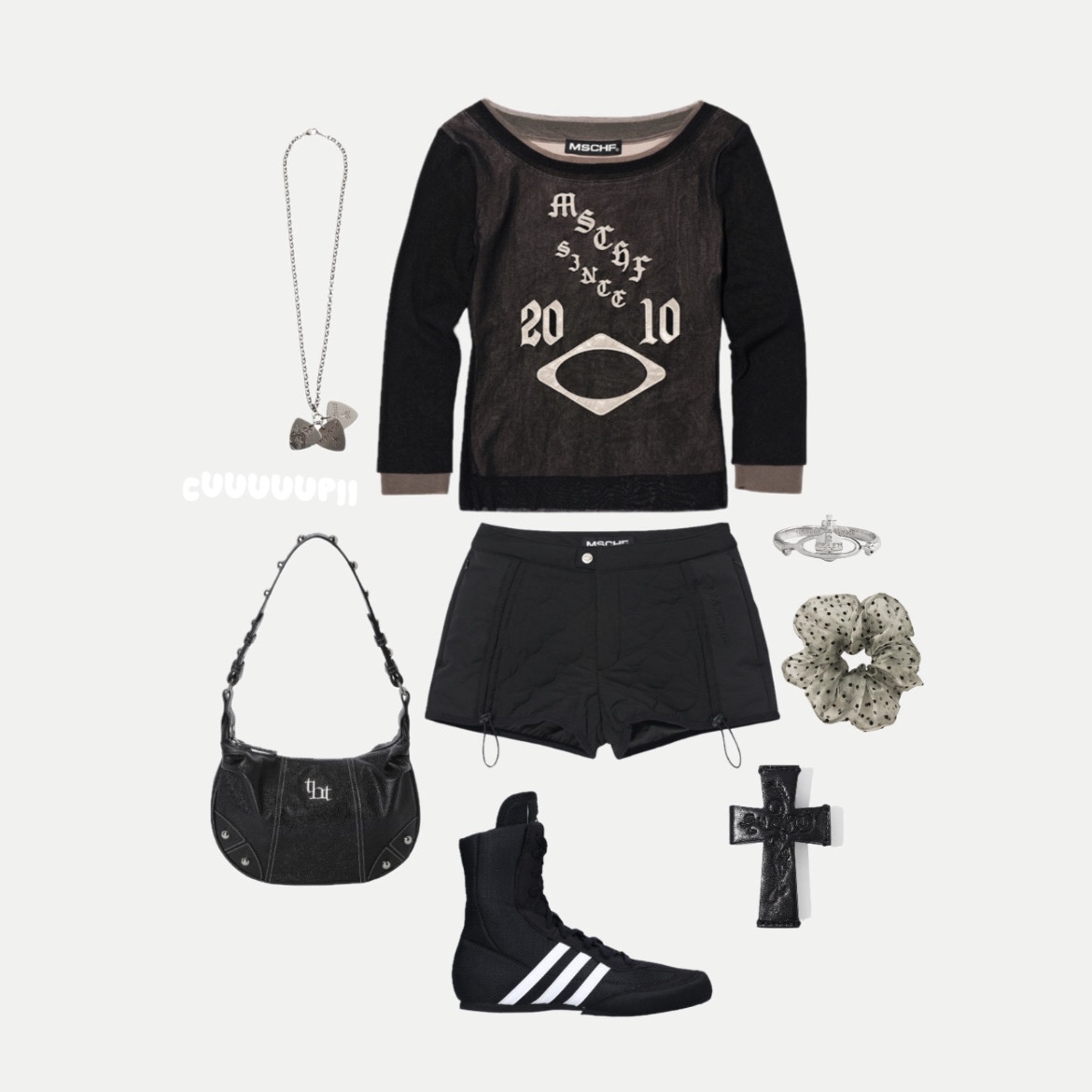 (W) Mischief Boat Neck Mesh Top Black, (W) Mischief Quilted Shorts Black 착용 스타일