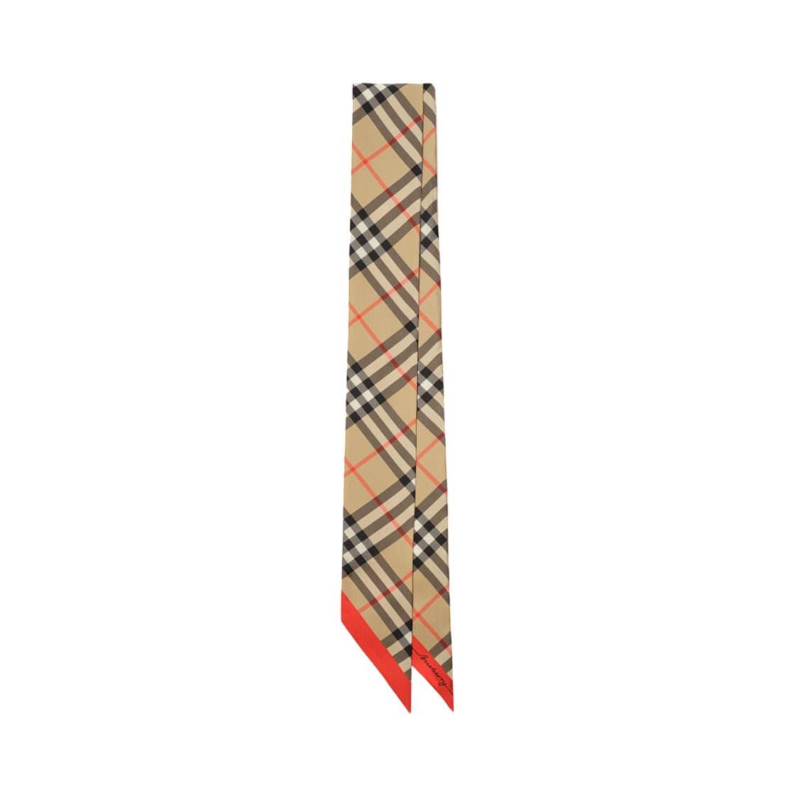 8127606 Burberry Skinny Contrast Check Silk Scarf Sand Beige Oxblood Red