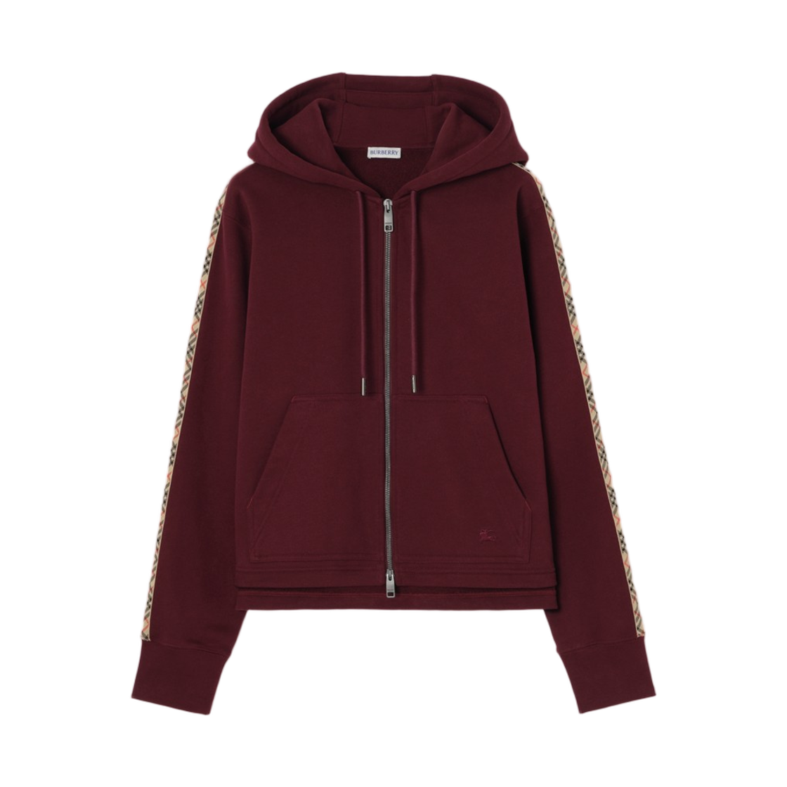 8130135 (W) Burberry Check Trim Cotton Zip Hoodie Vineyard Red