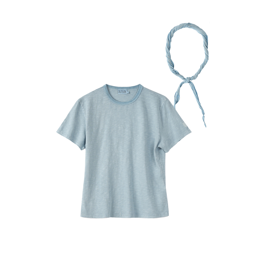 [세트] (W) 선데이세레머니 내추럴 다이드 베이직 슬럽 티 애쉬 인디고 + 네커치프([Set] (W) SUNDAY CEREMONY  Natural Dyed Tee - Ash Indigo + Neckerchief)