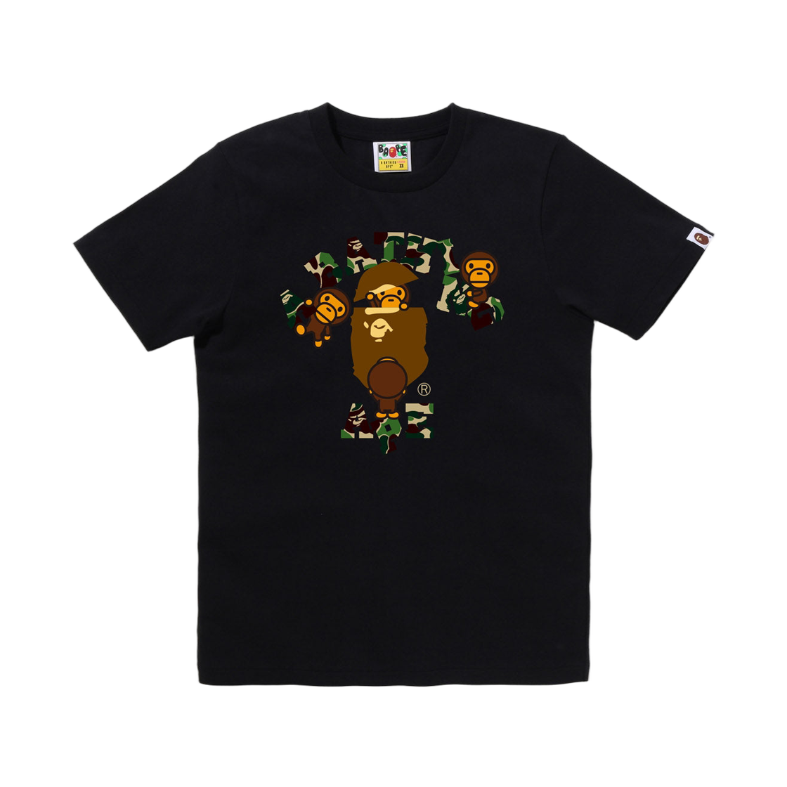 (W) 베이프 ABC 카모 컬리지 마일로 티셔츠 블랙 그린((W) BAPE ABC Camo College Milo T-Shirt Black Green)