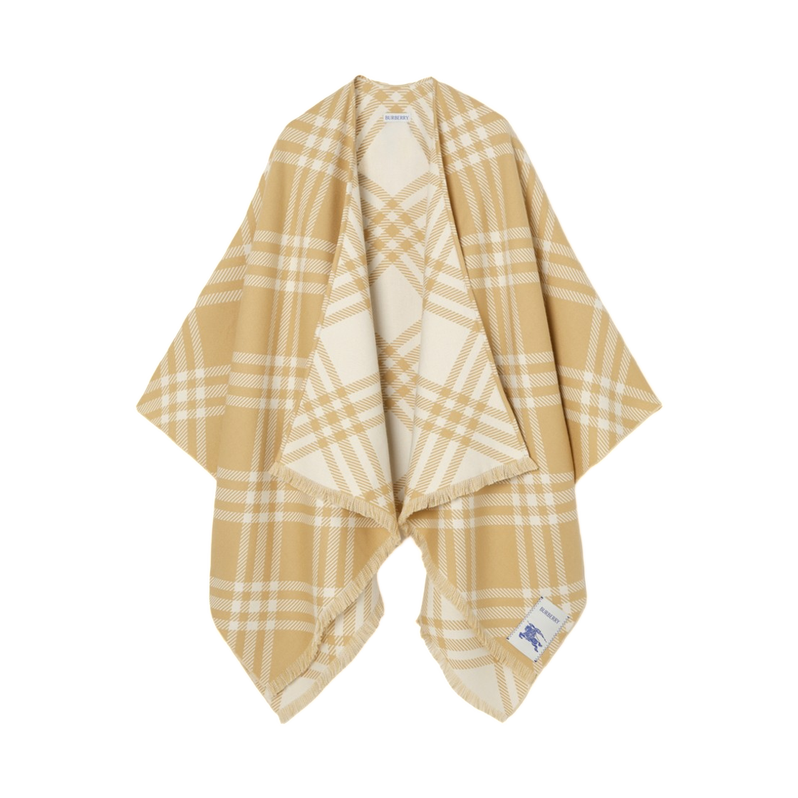 8129971 (W) Burberry Check Wool Silk Cashmere Cape Sand Beige Ecru Beige