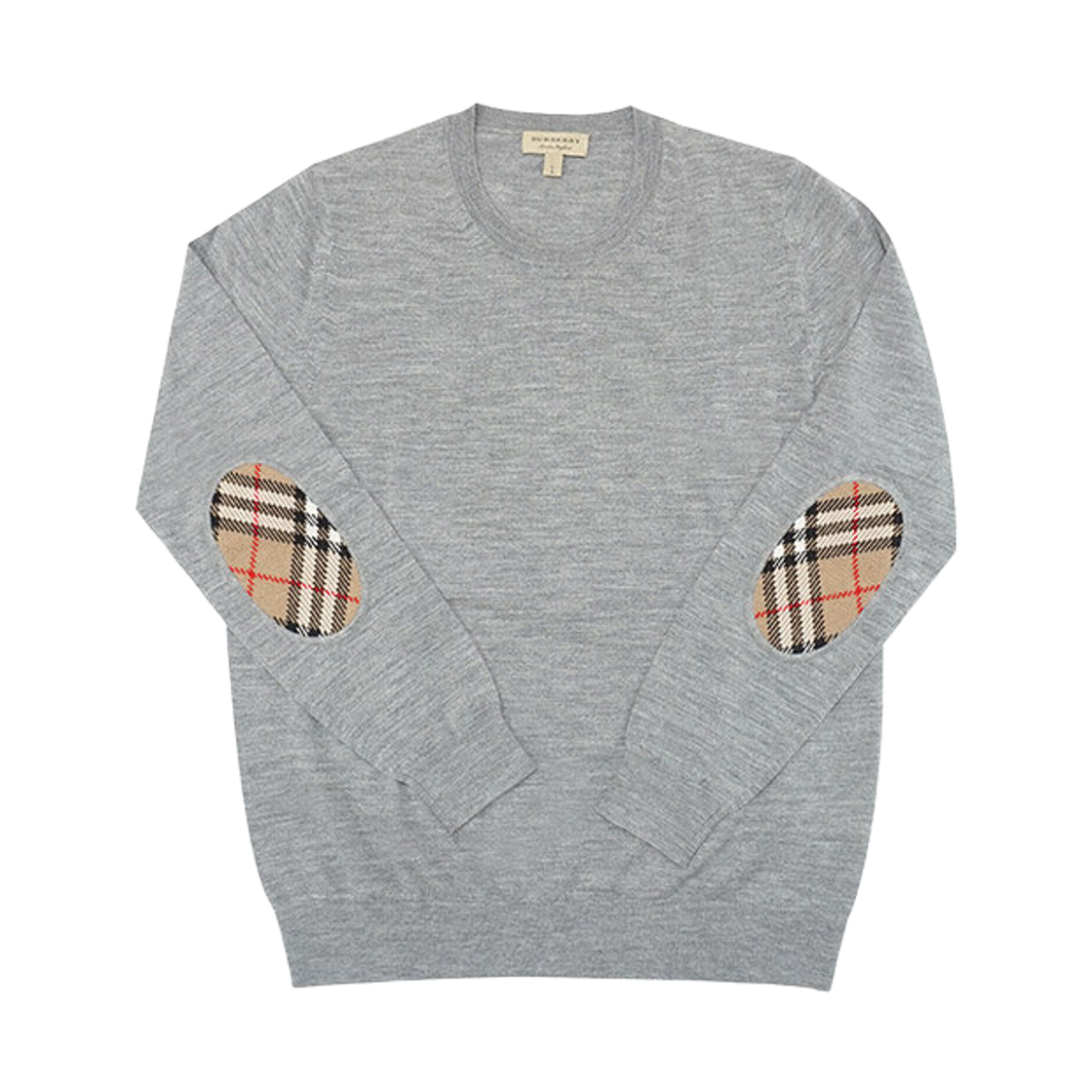 8007974 (W) Burberry Bempton Check Elbow Patch Wool Knit Sweater Grey