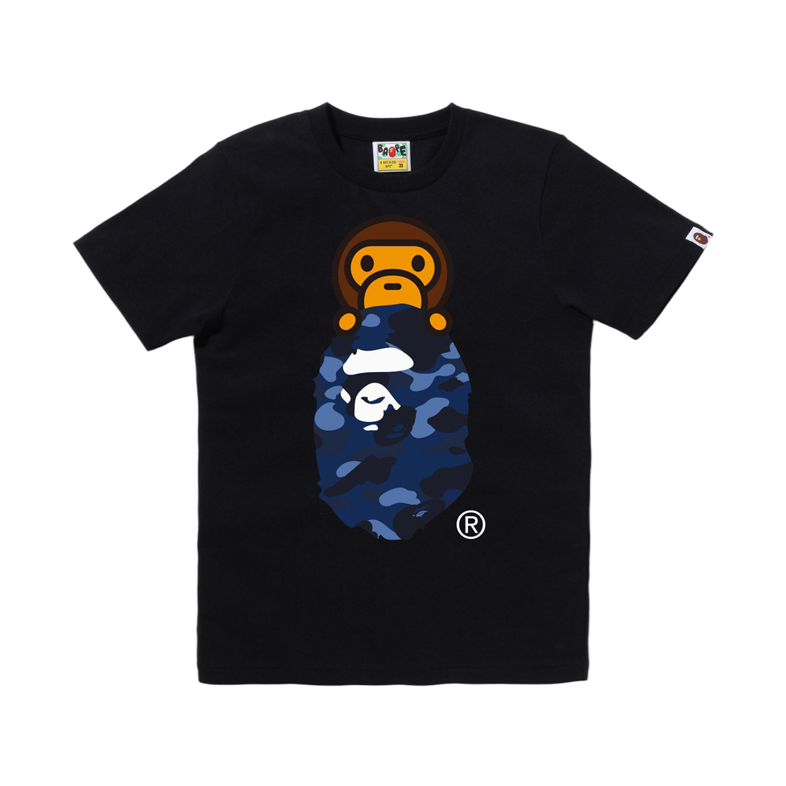 (W) 베이프 컬러 카모 마일로 온 에이프 헤드 티셔츠 블랙 네이비((W) BAPE Color Camo Milo On Ape Head T-Shirt Black Navy)