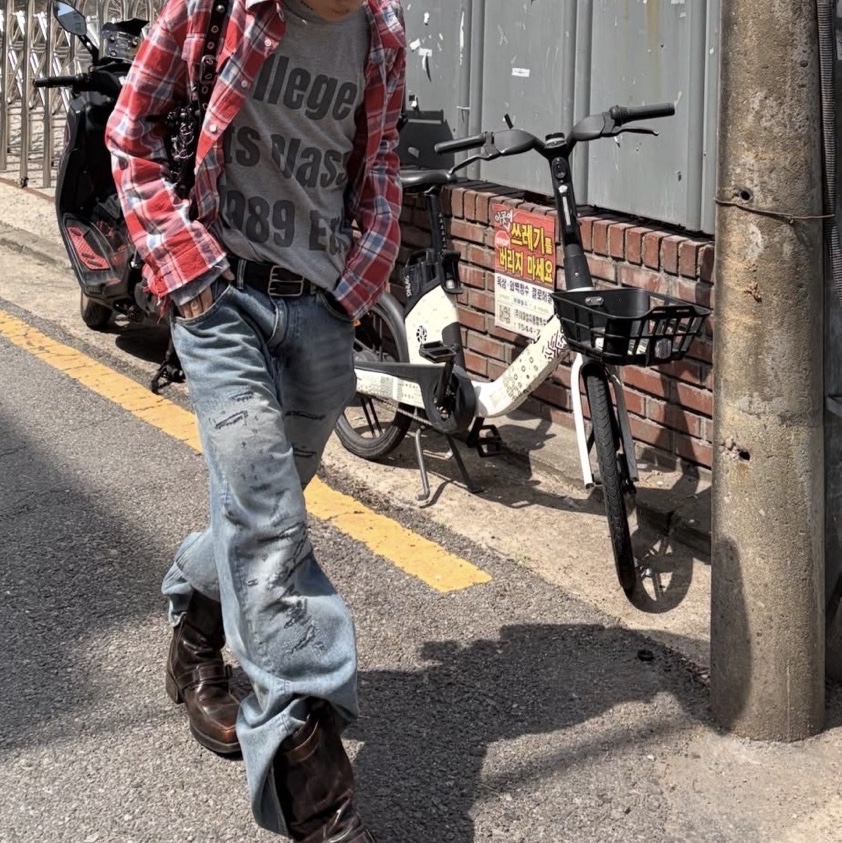 Epr. Layer Raw-cut Washed Check Shirt, Epr. Layer Repaired Wide Leg Denim 착용 스타일 - 1
